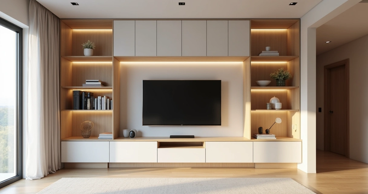 Sala planejada com marcenaria sob medida e destaque para alinhamento perfeito das portas 