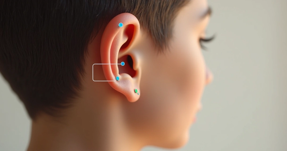 Detalhe da orelha com marcações dos pontos de acupuntura auricular 
