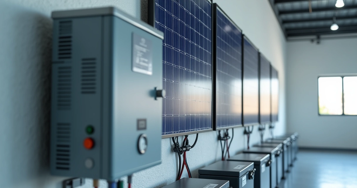 Detalhes de painéis solares, inversor e baterias 