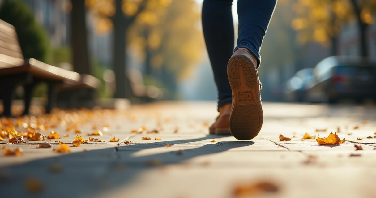 Detalhe de pés caminhando lentamente em calçada com folhas secas