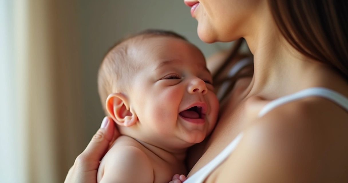 Bebê deitado de lado com boca abocanhando a aréola inteira, nariz tocando a mama 