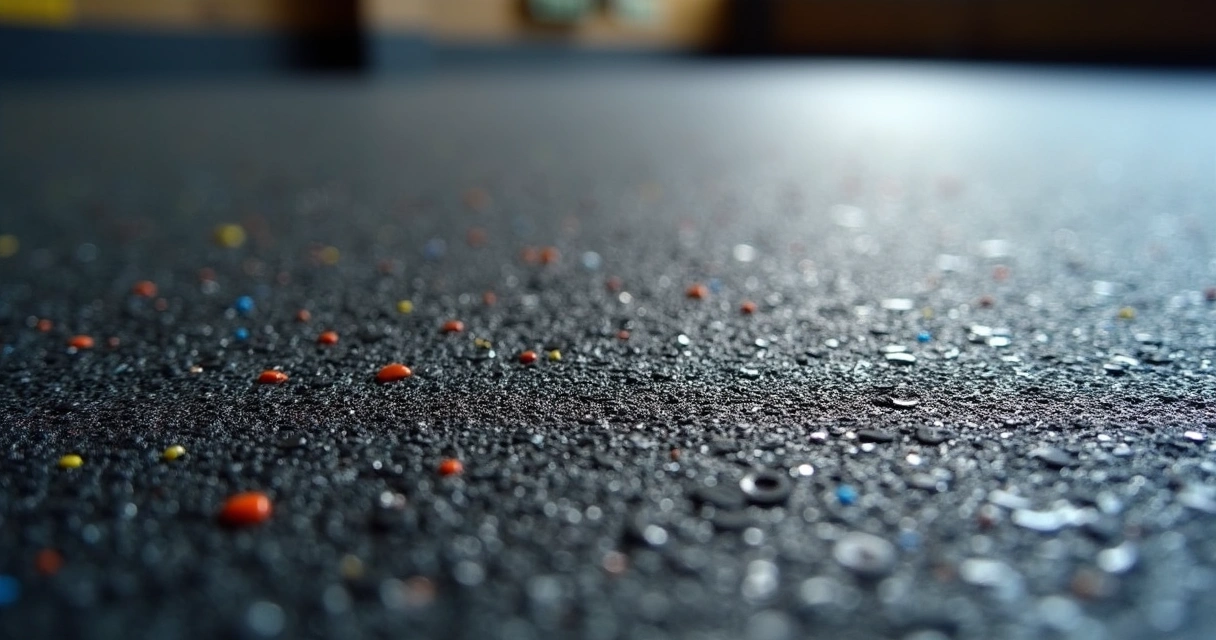 Detalhe da superfície do piso CrossFit mostrando textura de borracha reciclada 