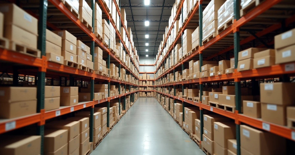 Produtos variados embalados em prateleiras de estoque 