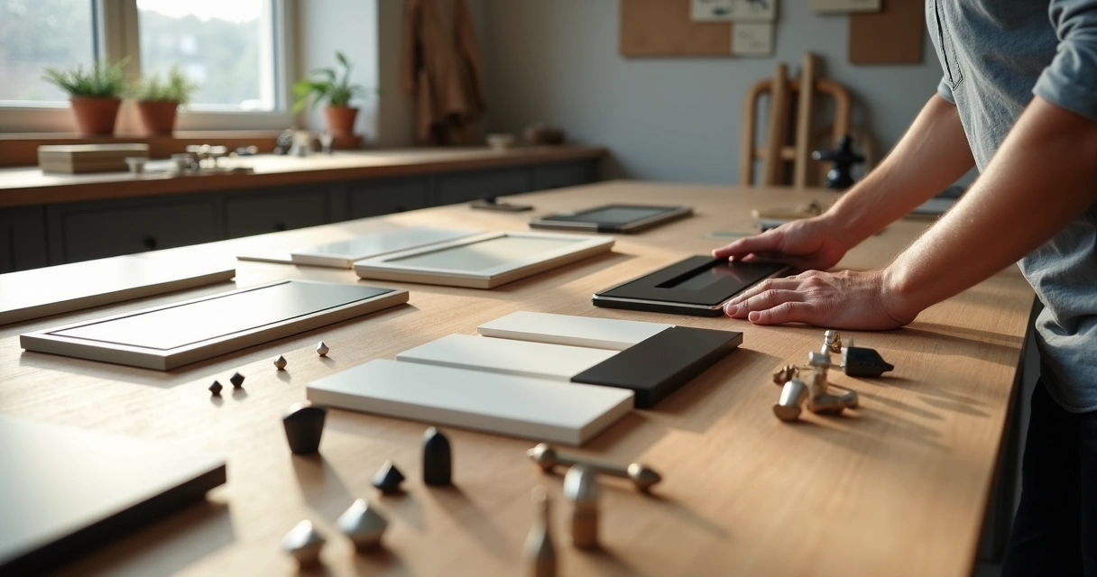 Close de mãos escolhendo puxadores diferentes sobre amostra de marcenaria 