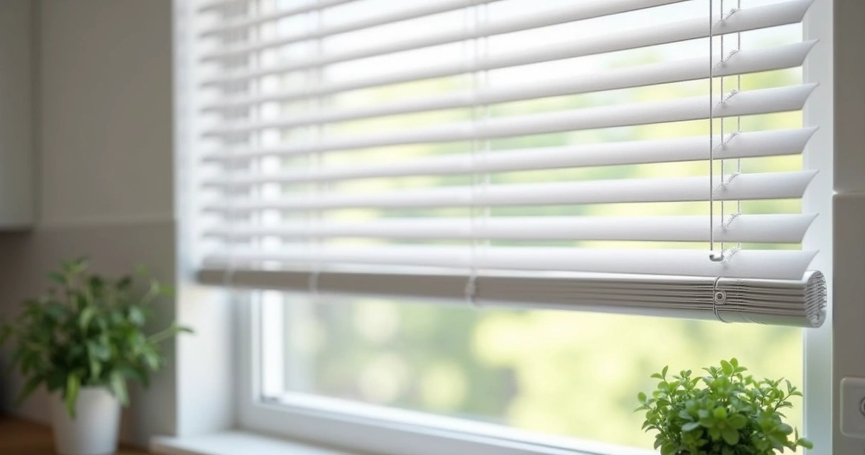 Detalhe de persiana horizontal de PVC branca em janela de cozinha