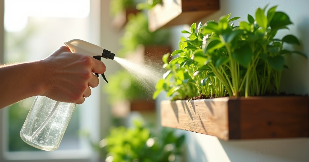 Mão regando plantas em jardim vertical com borrifador.