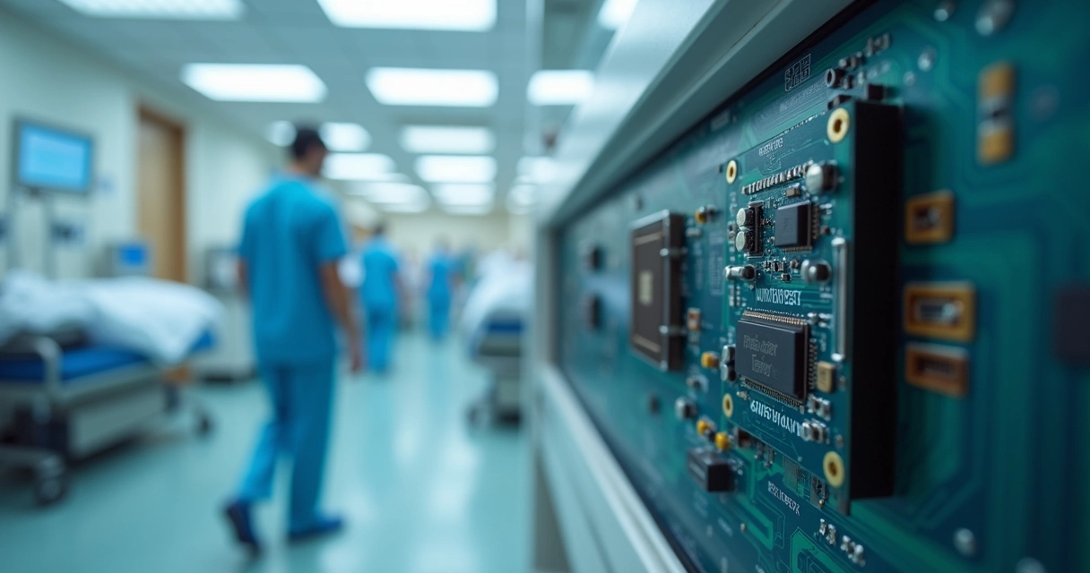 Sensor hospitalar com detalhes de firmware e circuito impresso. 