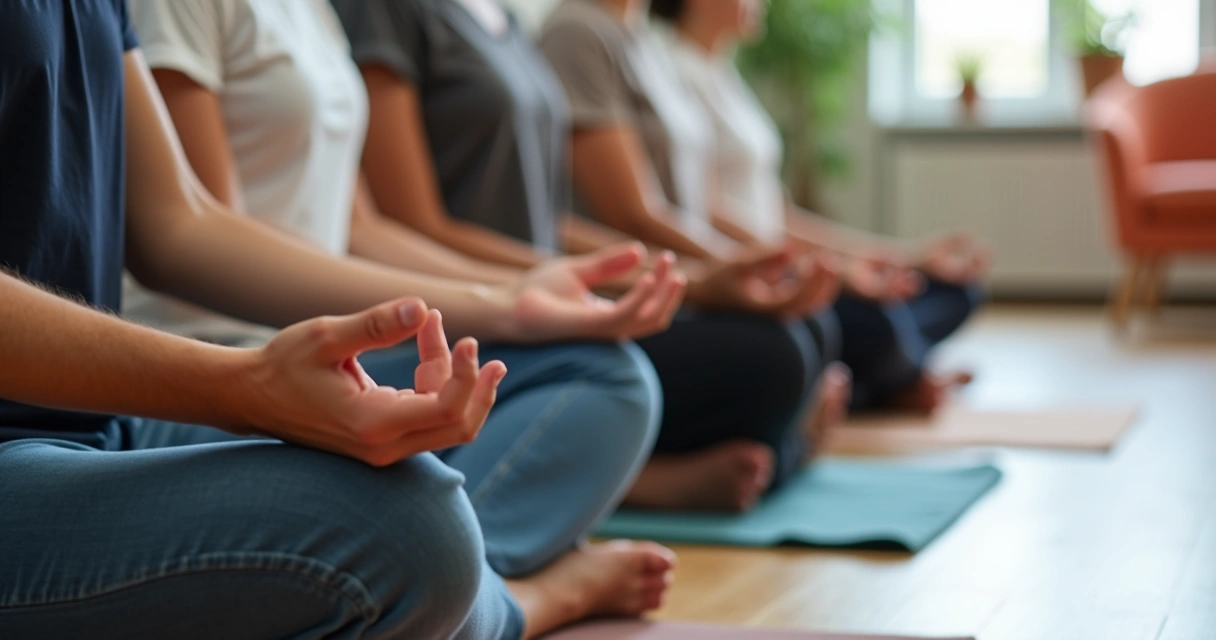 Mãos apoiadas sobre os joelhos durante meditação coletiva. 