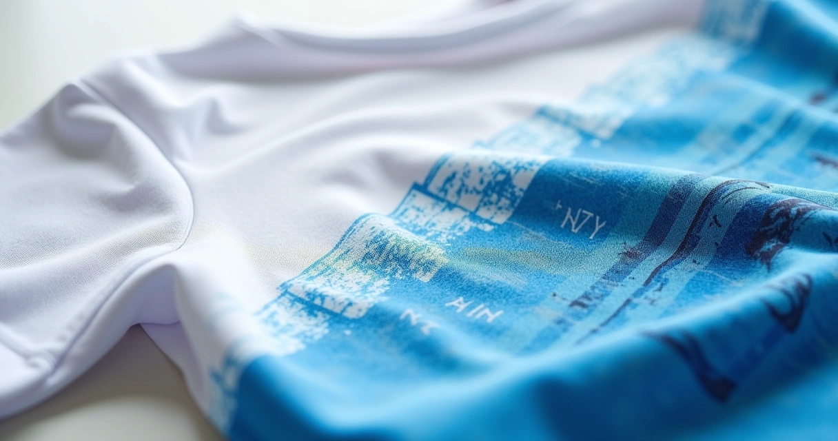 Close em detalhe de estampa sublimada em camiseta poliéster dry-fit branca com arte azul