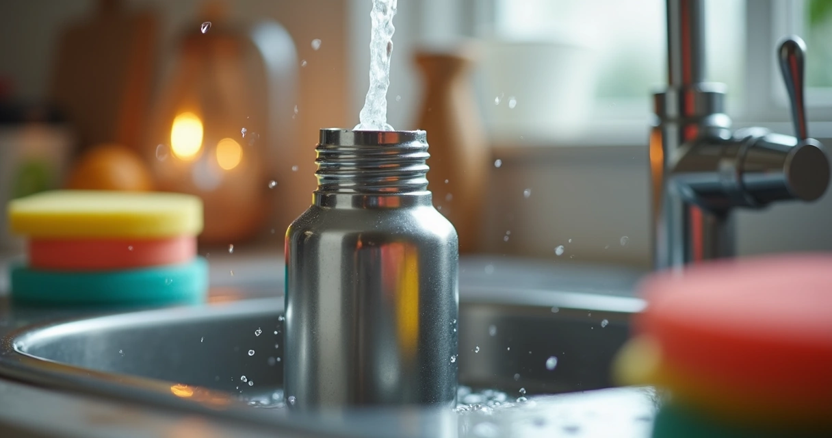 Detalhe de tampa aberta de garrafa térmica sendo lavada 