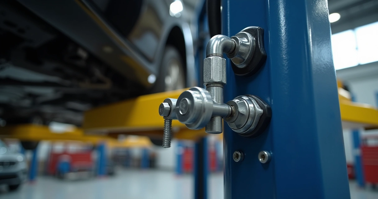 Detalhe da trava de segurança do elevador automotivo 