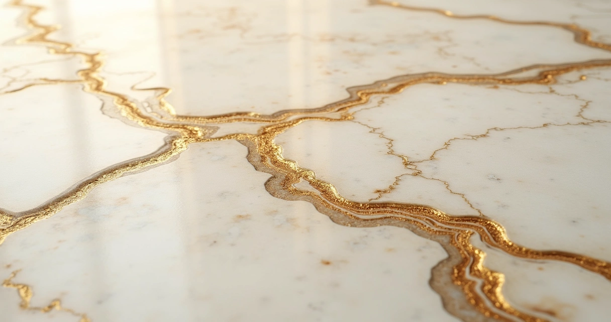 Detalhe dos veios dourados do quartzito Taj Mahal em bancada polida 