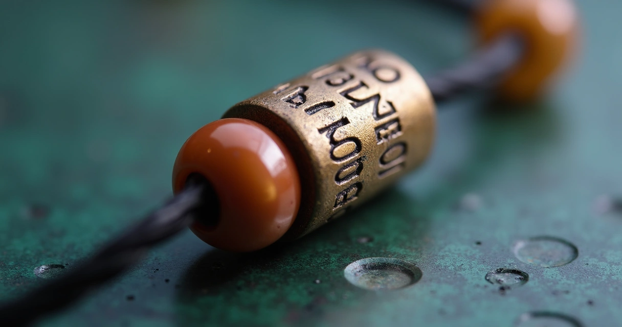 Detalhe ampliado de esferas de orquidômetro mostrando textura, numeração e cordão. 