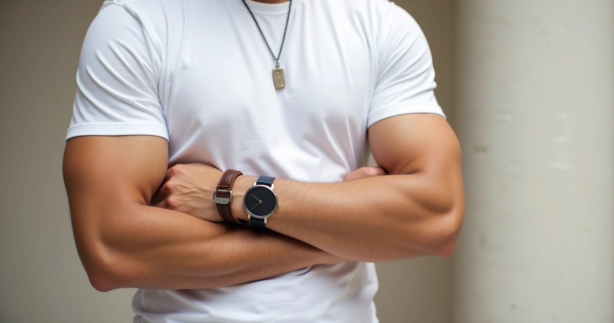 Detalhe de acessórios como pulseiras, relógio e colar em um braço masculino