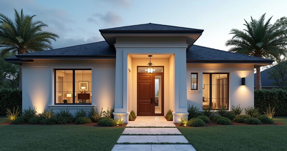 Detail of the sophisticated facade of a luxury house in Orlando with premium materials 