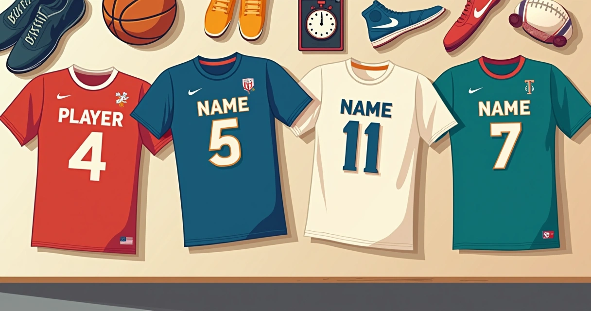 Camisetas de time esportivo mostrando nomes personalizados
