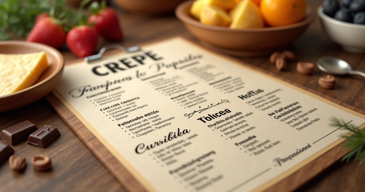 Cardápio detalhado de crepe com variedade de recheios disponíveis 