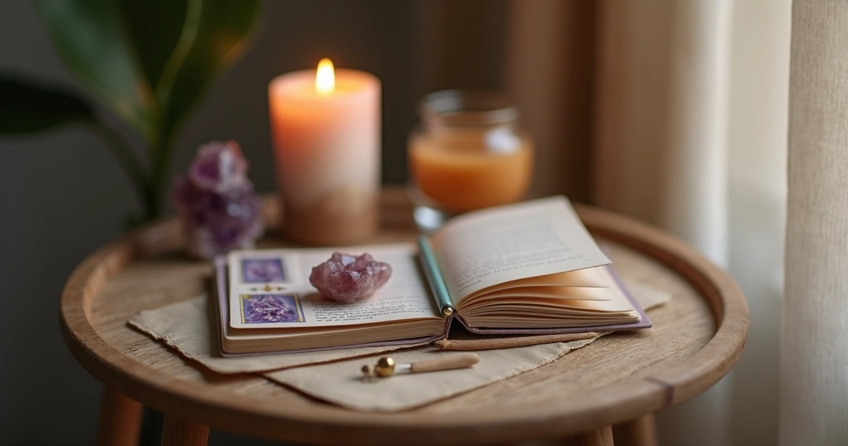 Cristais e vela acesa sobre mesa pequena com luz suave ao fundo
