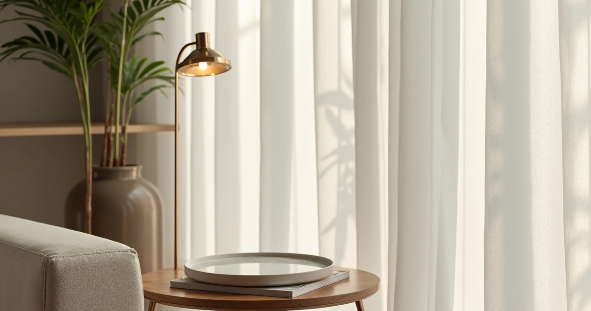 Detalhes da decoração com cortina clara, bandeja marmorizada e pontos de iluminação