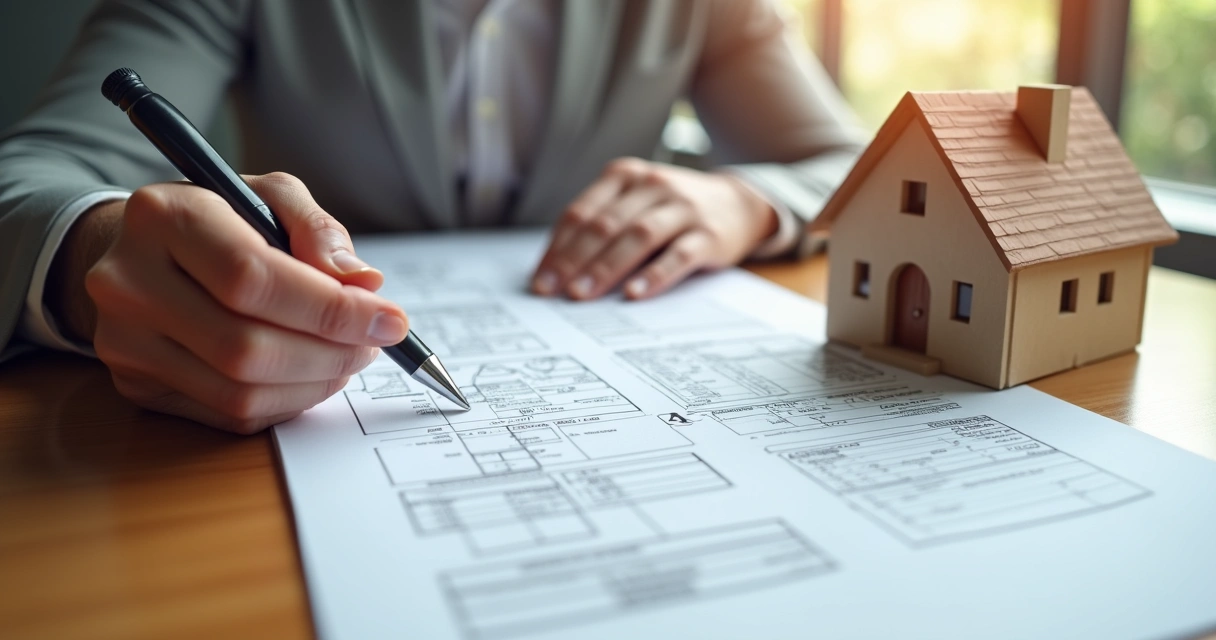 Detalhes de documentos e planta de apartamento sobre a mesa