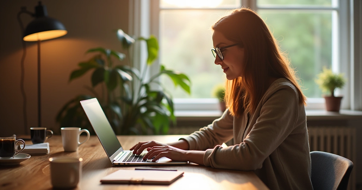 Mulher digitando em computador, ambiente acolhedor ao fundo 