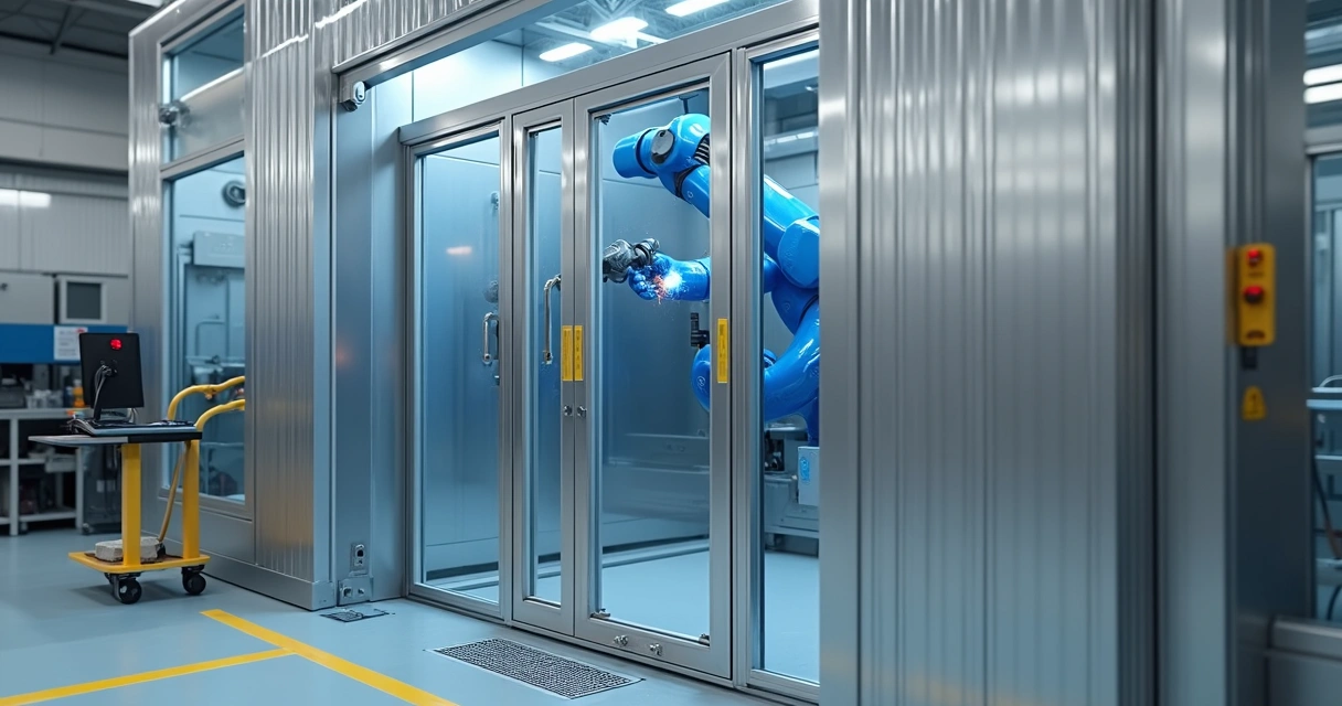 Detalhes do enclausuramento em alumínio e acrílico em célula de solda robótica