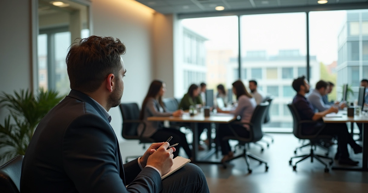 Gestor observando equipe com atenção, tomando notas 