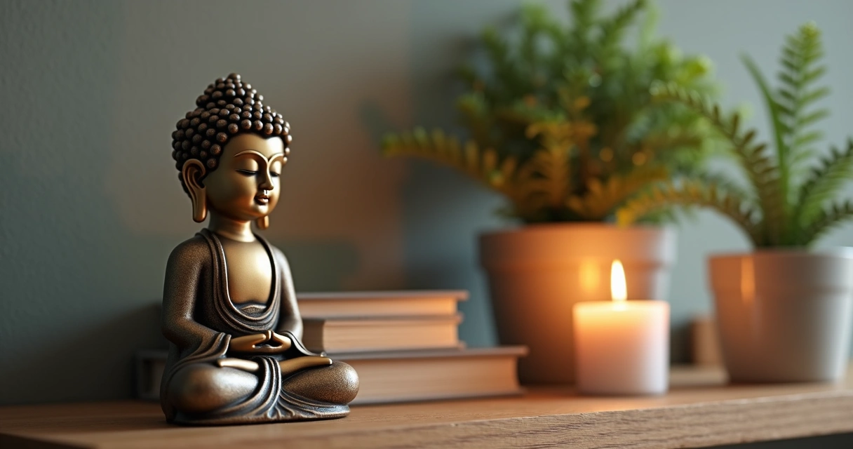 Detalhe de uma estátua de Buda, vela e livros em espaço de meditação 