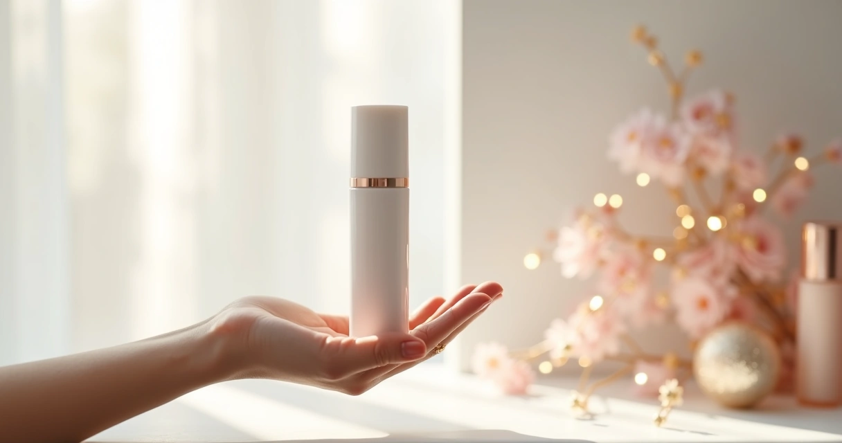 Mão segurando produto destacado em fundo branco com iluminação suave.