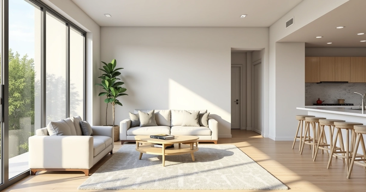 Modern environment of a living room in a luxury house in Orlando, decorated with light furniture, natural lighting, and wooden flooring. 