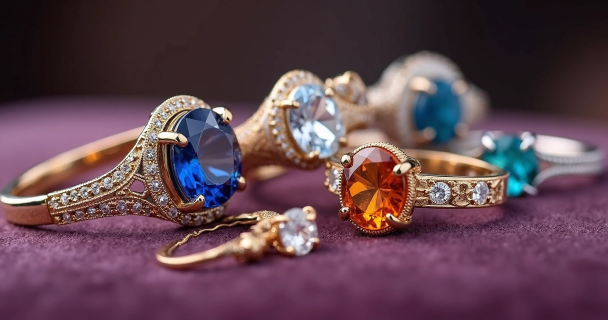 Zoom em detalhes de joias com pedras preciosas e texturas finas 