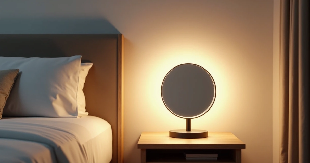 Detalhe de luminária moderna sobre mesa e espelho refletindo luz 