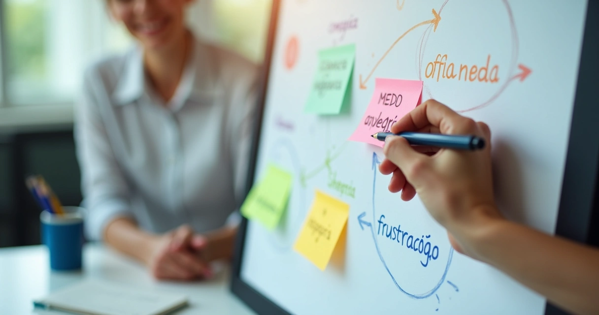 Exemplo detalhado de mapa emocional com círculos, setas e post-its coloridos em mural 
