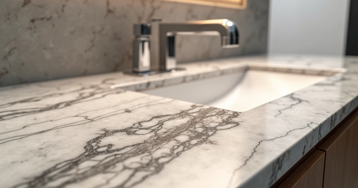 Detalhes de veios em mármore Branco Paraná na bancada de um banheiro sofisticado 
