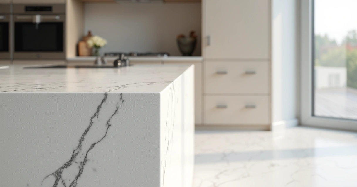 Detalhe de bancada de quartzo e piso de mármore em reforma residencial 