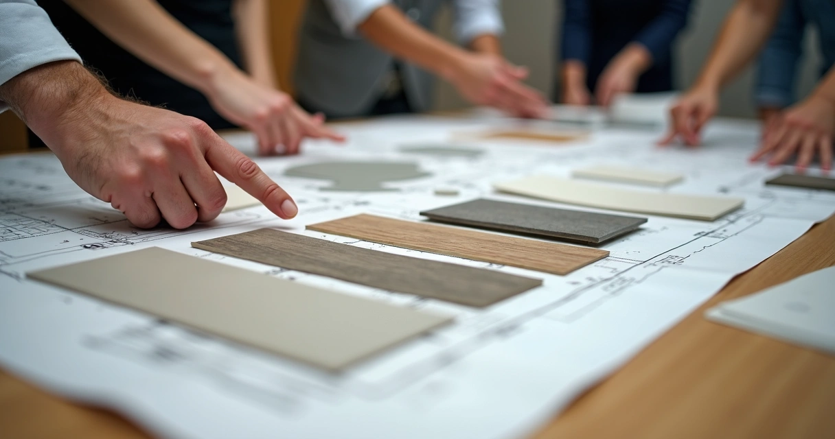 Amostras de materiais de acabamento sobre mesa de projeto 