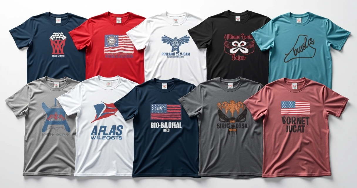 Exemplo de camisetas personalizadas em diferentes tecidos e tamanhos, com detalhes de bolso e diferentes estampas 