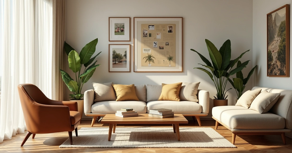 Sala com móveis elegantes, quadros de viagens na parede, e livros empilhados sobre mesa de madeira 