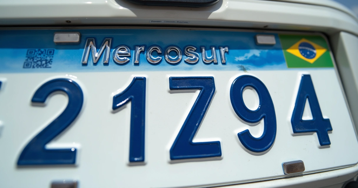 Detalhes da placa Mercosul com QR code e relevo 