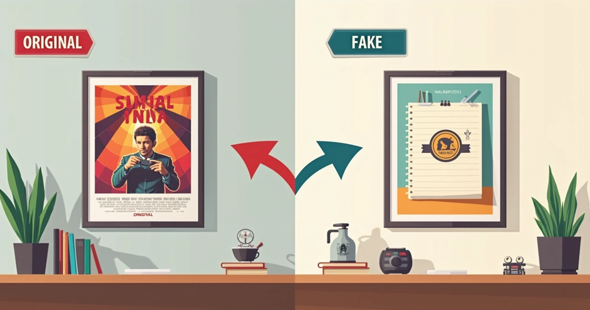 Comparação detalhada entre pôster de filme original e falso, lado a lado