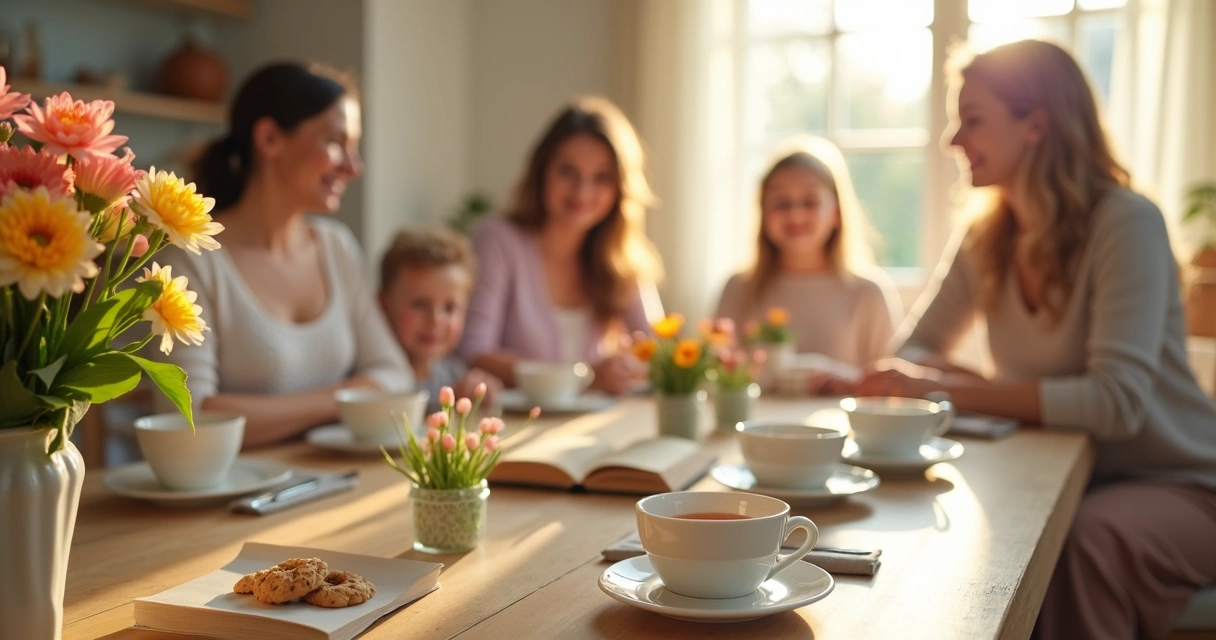 Detalhes de uma casa cristã no início da primavera com flores e pessoas reunidas 