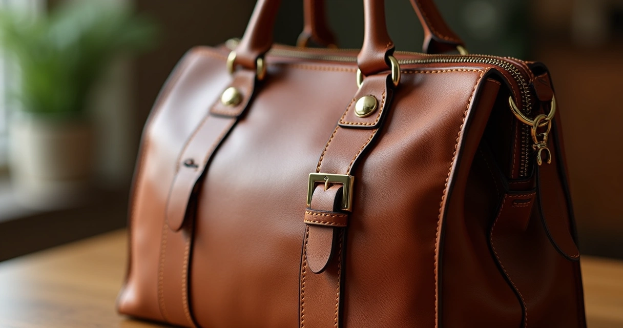 Close de detalhes de textura em uma bolsa feminina marrom