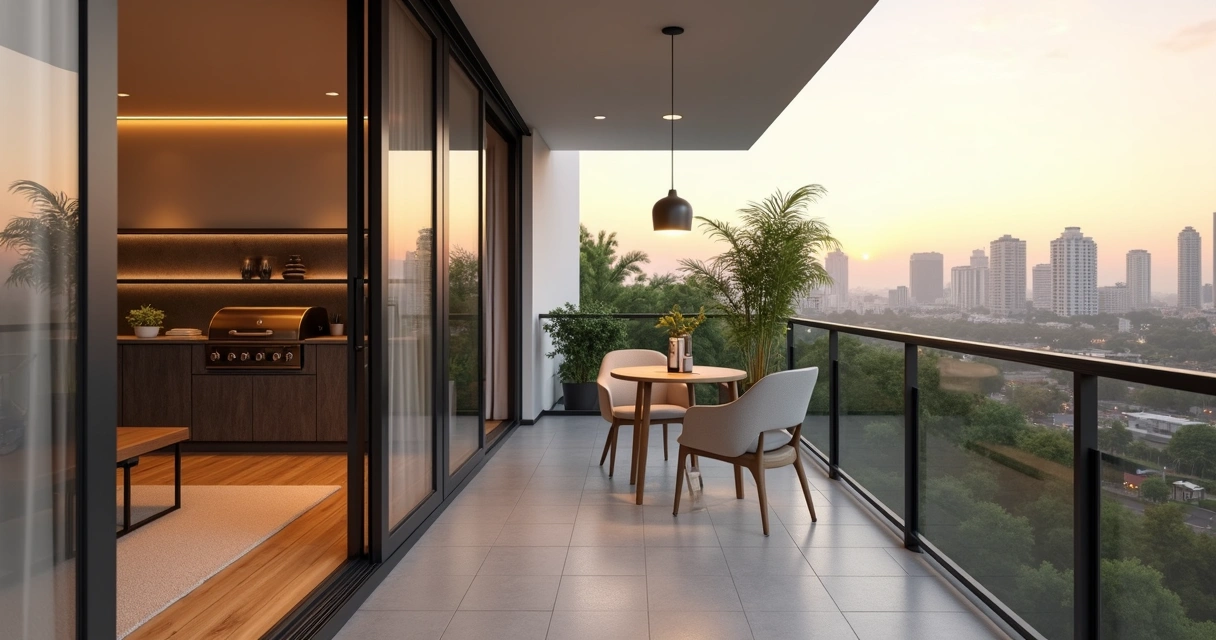 Varanda gourmet moderna de apartamento com vista urbana em Campinas ao pôr do sol 