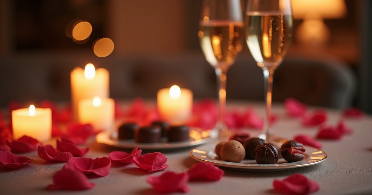 Detalhes sensoriais de uma noite romântica com pétalas, taças e chocolates