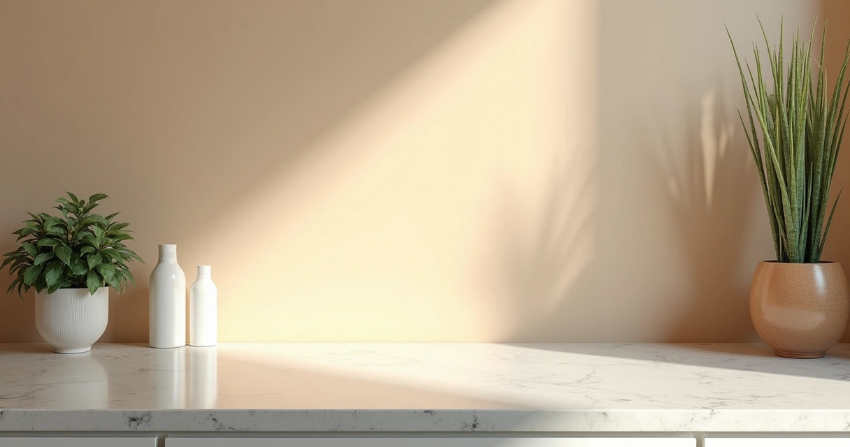 Detalhe de parede interna pintada com tinta acetinada ao lado de uma bancada de pedra clara 