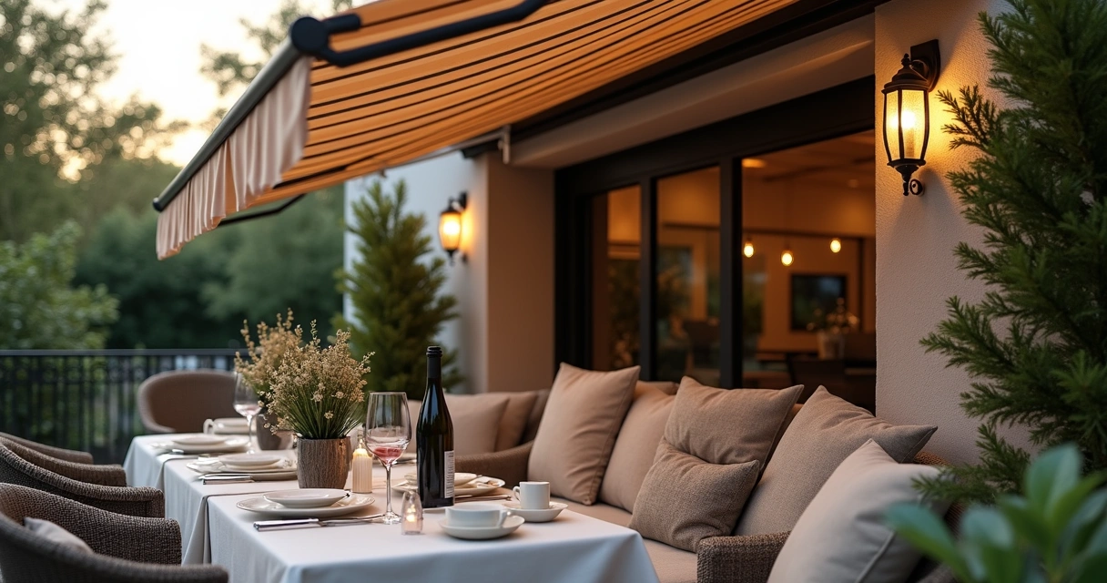Detalhes de decoração de varanda gourmet com toldo sofisticado 