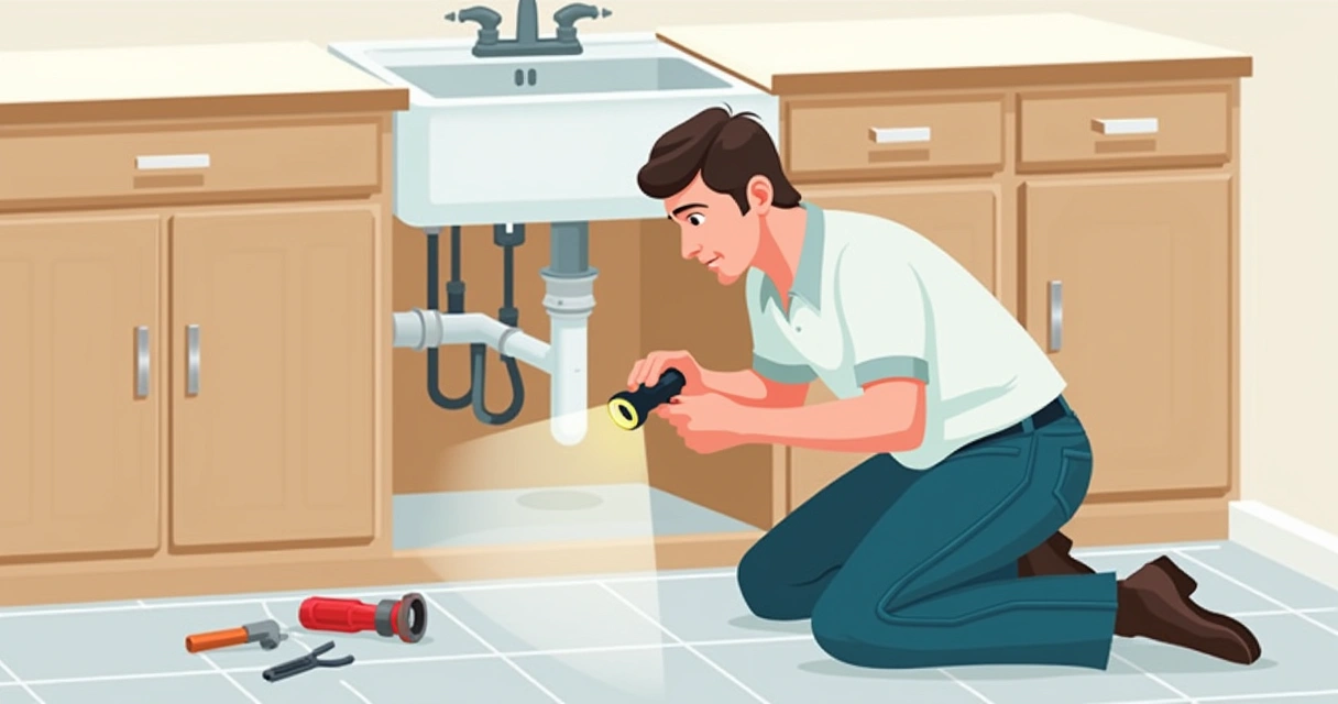 Pessoa inspecionando vazamento sob pia de cozinha 