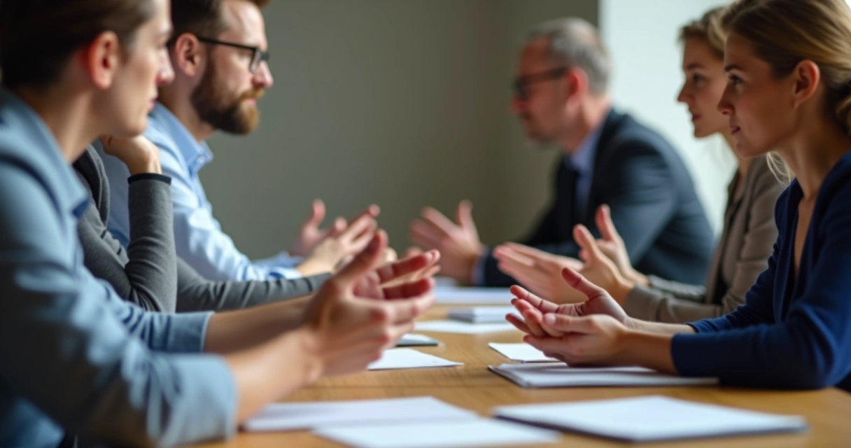 Manos y rostros de personas mostrando atención en una mesa de trabajo