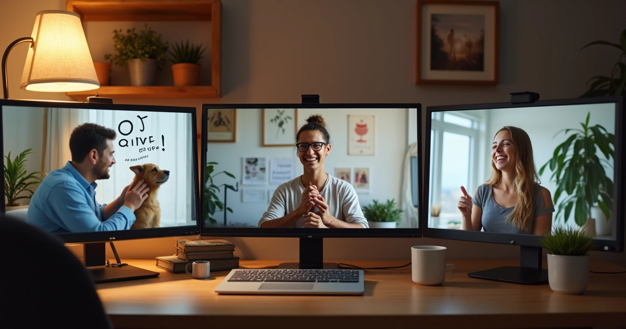 Integrantes de un equipo remoto compartiendo anécdotas en videollamada y mostrando objetos personales.