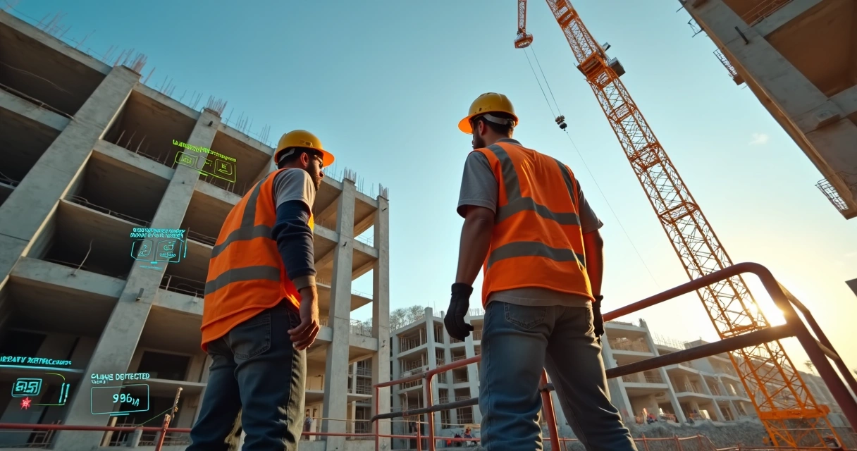Obra vista de baixo com barras coloridas destacando EPIs dos trabalhadores 